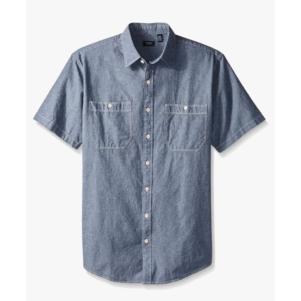 Amazon Essentials Men's Blue Cotton Chambray Button Down Short Sleeve Shirt